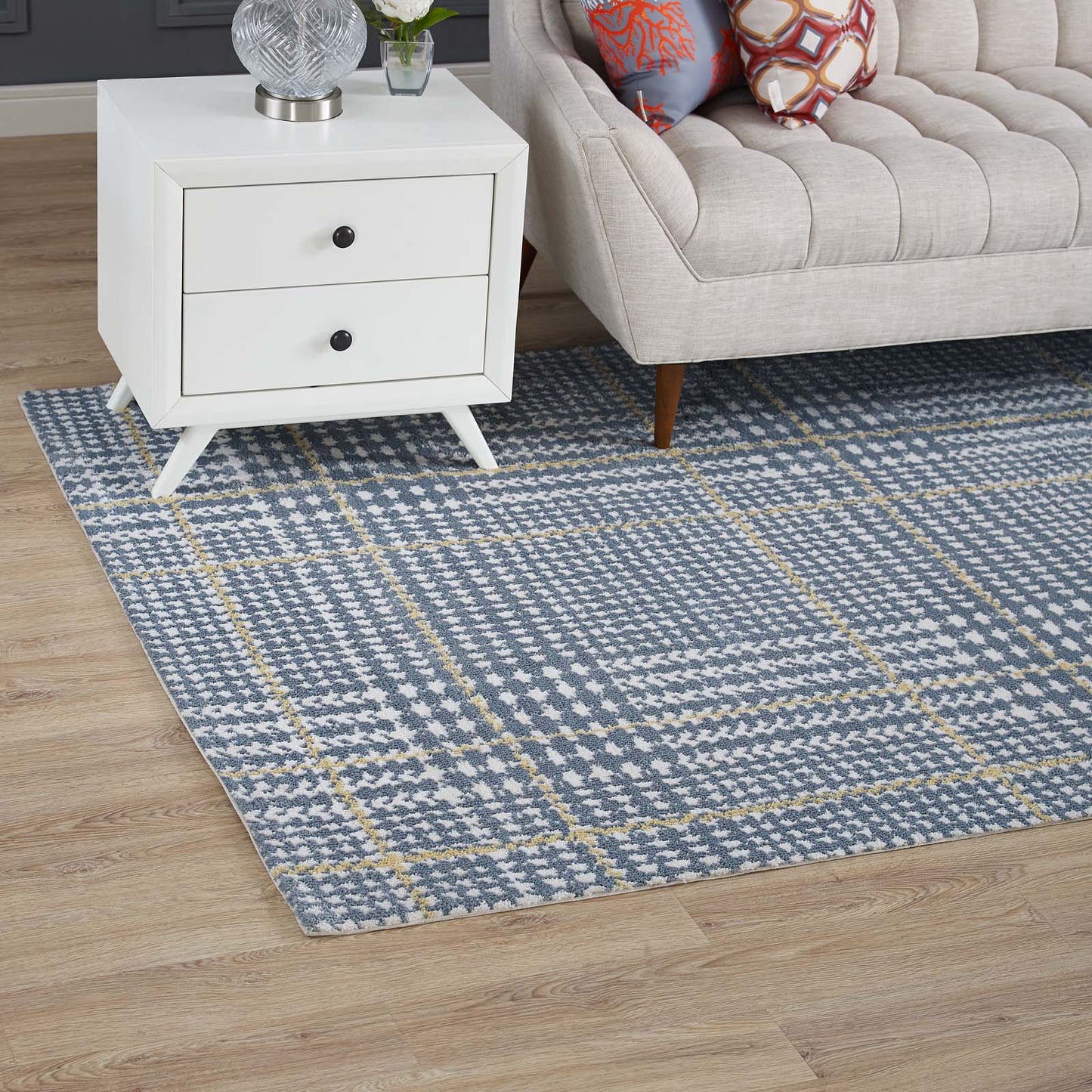 Modway Outlet Kaja Abstract Plaid 5x8 Area Rug by Modway Living Room Rugs Ivory Cadet Blue and Citron - R-1024C-58