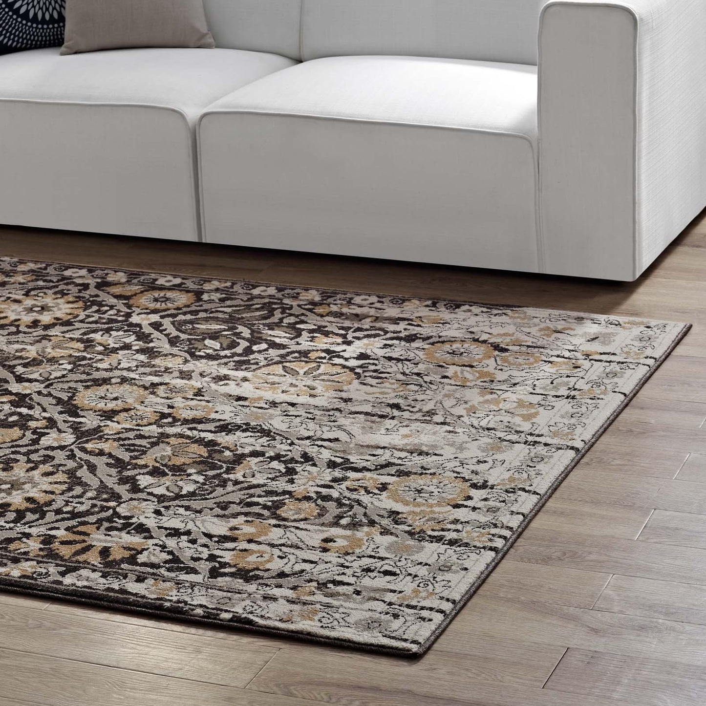 Modway Outlet Ganesa Distressed Diamond Floral Lattice 5x8 Area Rug by Modway Living Room Rugs Black and Beige - R-1108A-58