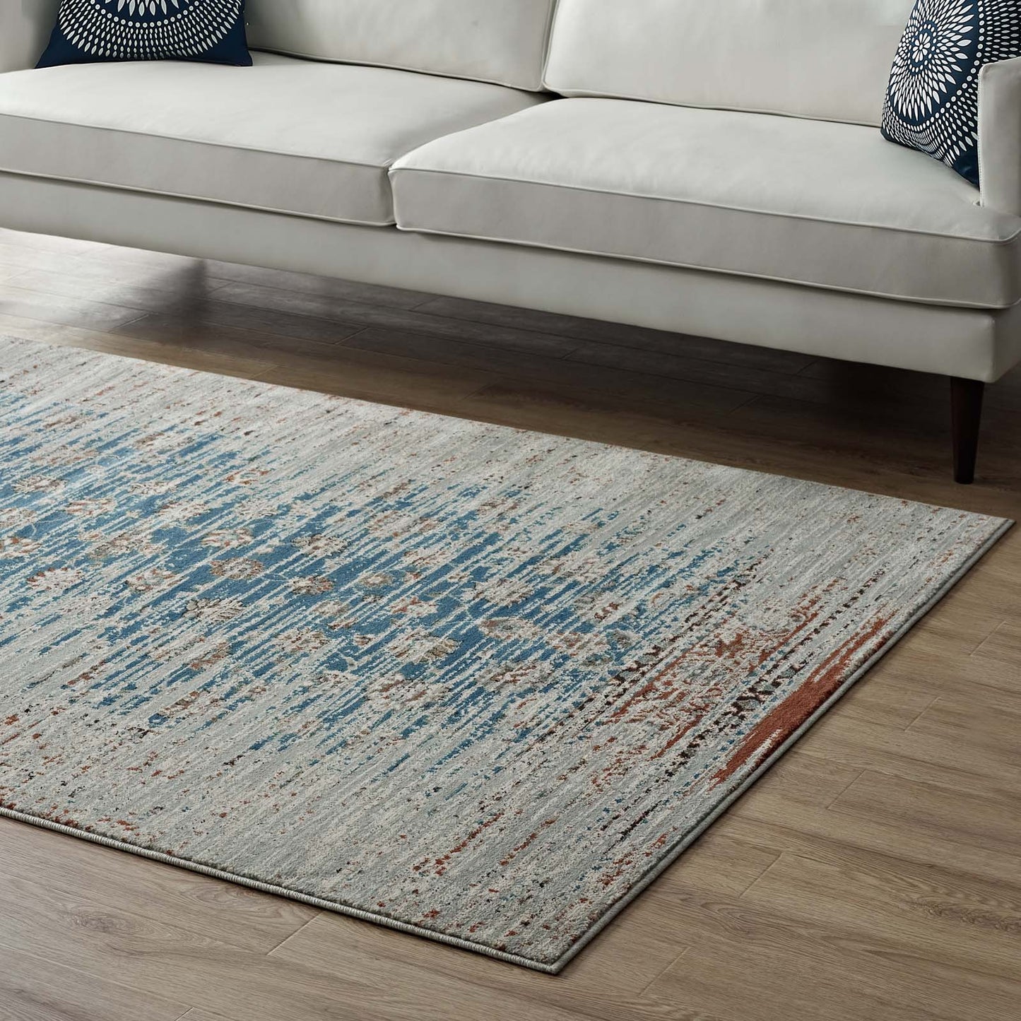 Modway Outlet Hesper Distressed Contemporary Floral Lattice 5x8 Area Rug by Modway Living Room Rugs Teal Beige and Brown - R-1110A-58