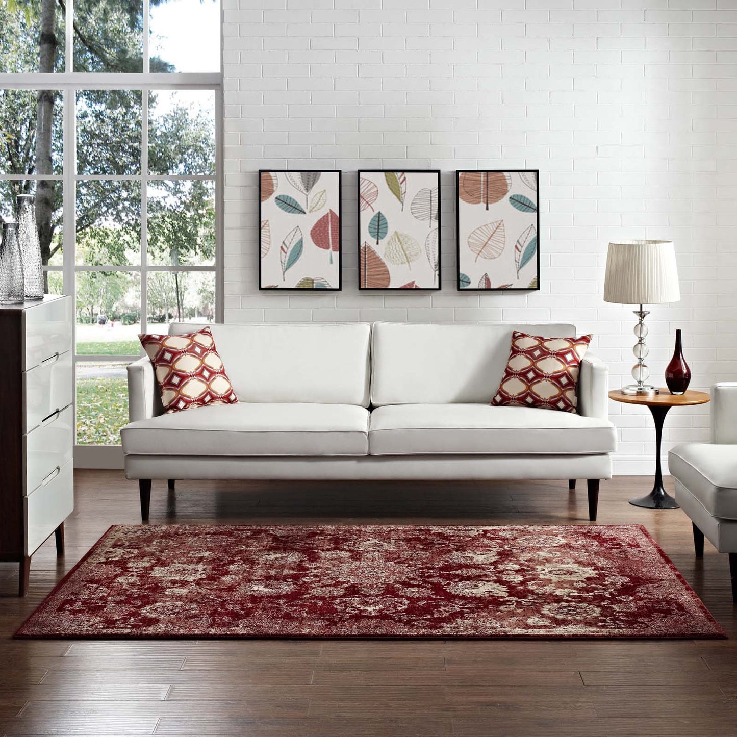 Modway Outlet Cynara Distressed Floral Vintage Medallion 5x8 Area Rug by Modway Living Room Rugs Burgundy and Beige - R-1111A-58