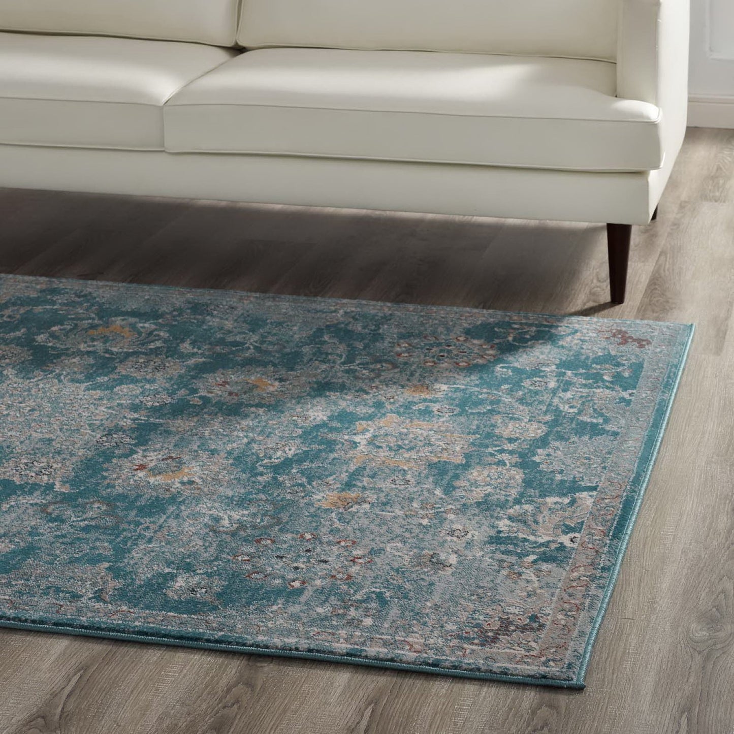 Modway Outlet Cynara Distressed Floral Vintage Medallion 5x8 Area Rug by Modway Living Room Rugs Silver Blue Teal and Beige - R-1111B-58