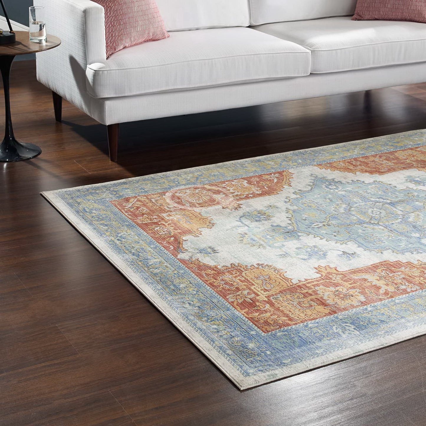 Rectangular distressed Southwestern Aztec area rug, multicolored in blue, orange and cream tones; 4x6 ft.