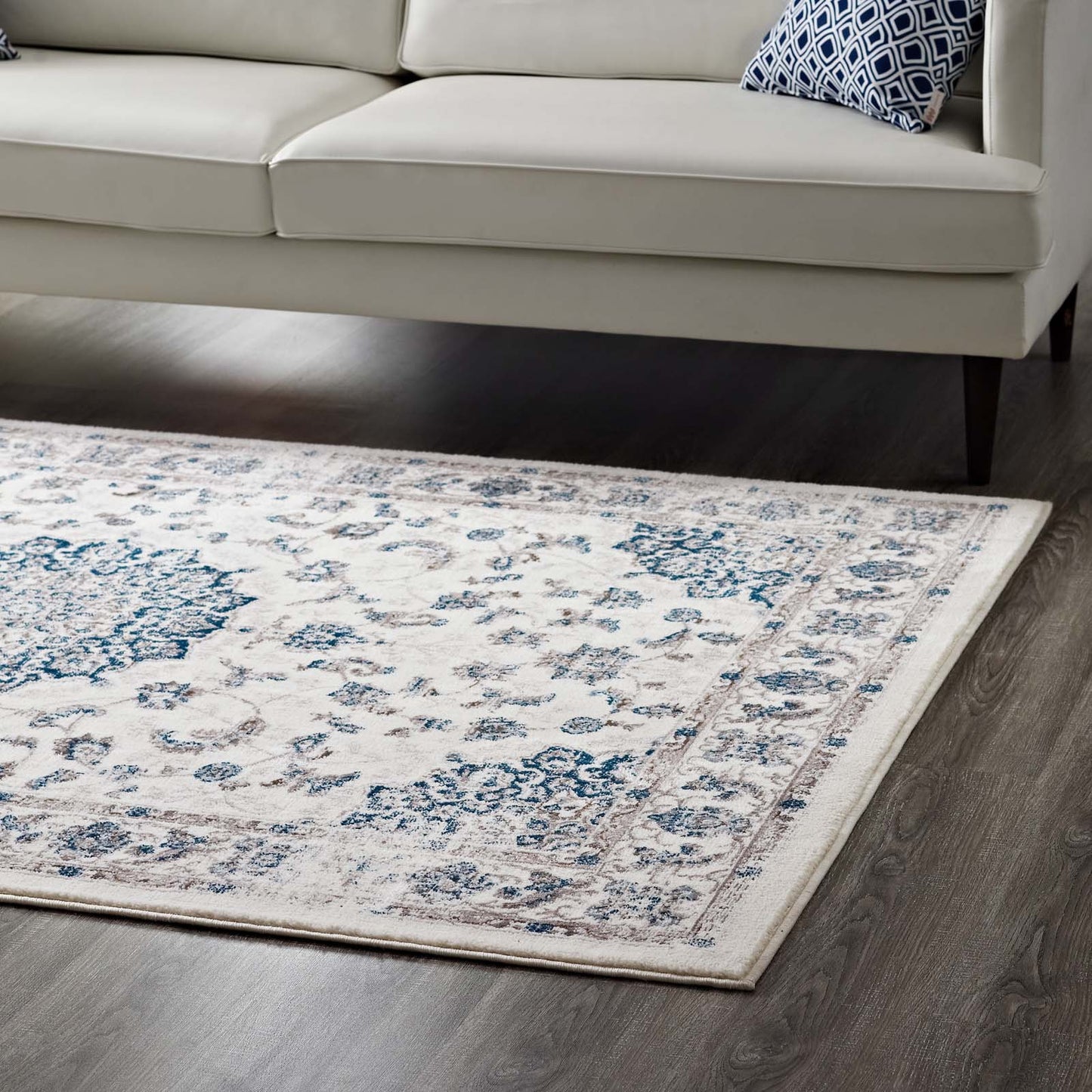 Modway Outlet Lilja Distressed Vintage Medallion 5x8 Area Rug by Modway Living Room Rugs Ivory and Moroccan Blue - R-1127B-58