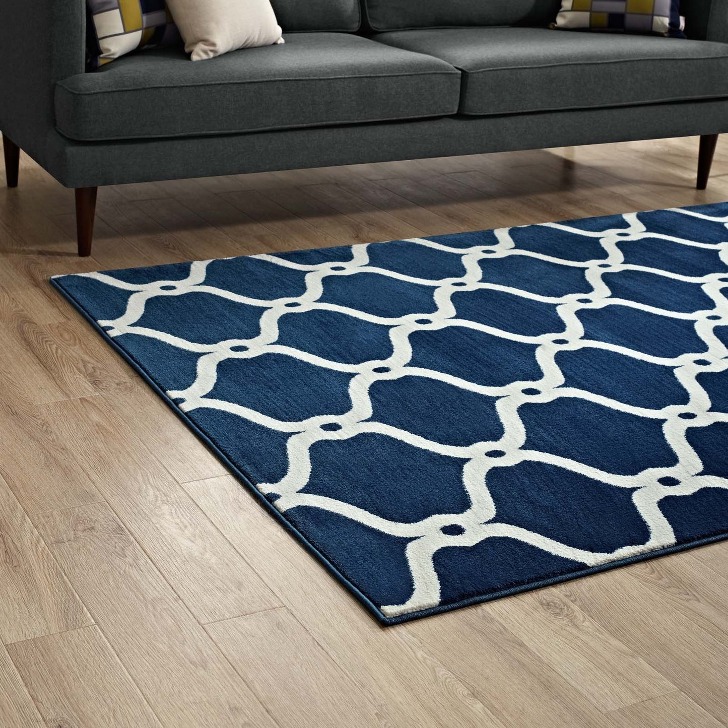 Modway Outlet Beltara Chain Link Transitional Trellis 5x8 Area Rug by Modway Living Room Rugs Moroccan Blue and Ivory - R-1129B-58