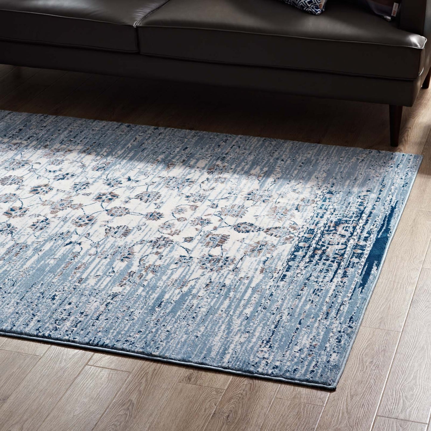 Modway Outlet Chiara Distressed Floral Lattice Contemporary 5x8 Area Rug by Modway Living Room Rugs Moroccan Blue and Ivory - R-1131B-58