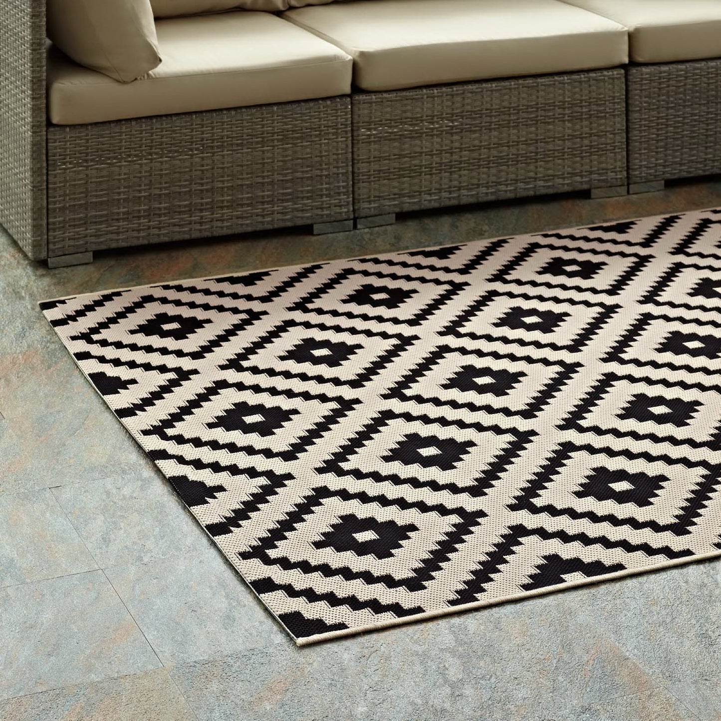 Modway Outlet Perplex Geometric Diamond Trellis Indoor and Outdoor 8x10 Area Rug by Modway Living Room Rugs Black and Beige - R-1134A-810