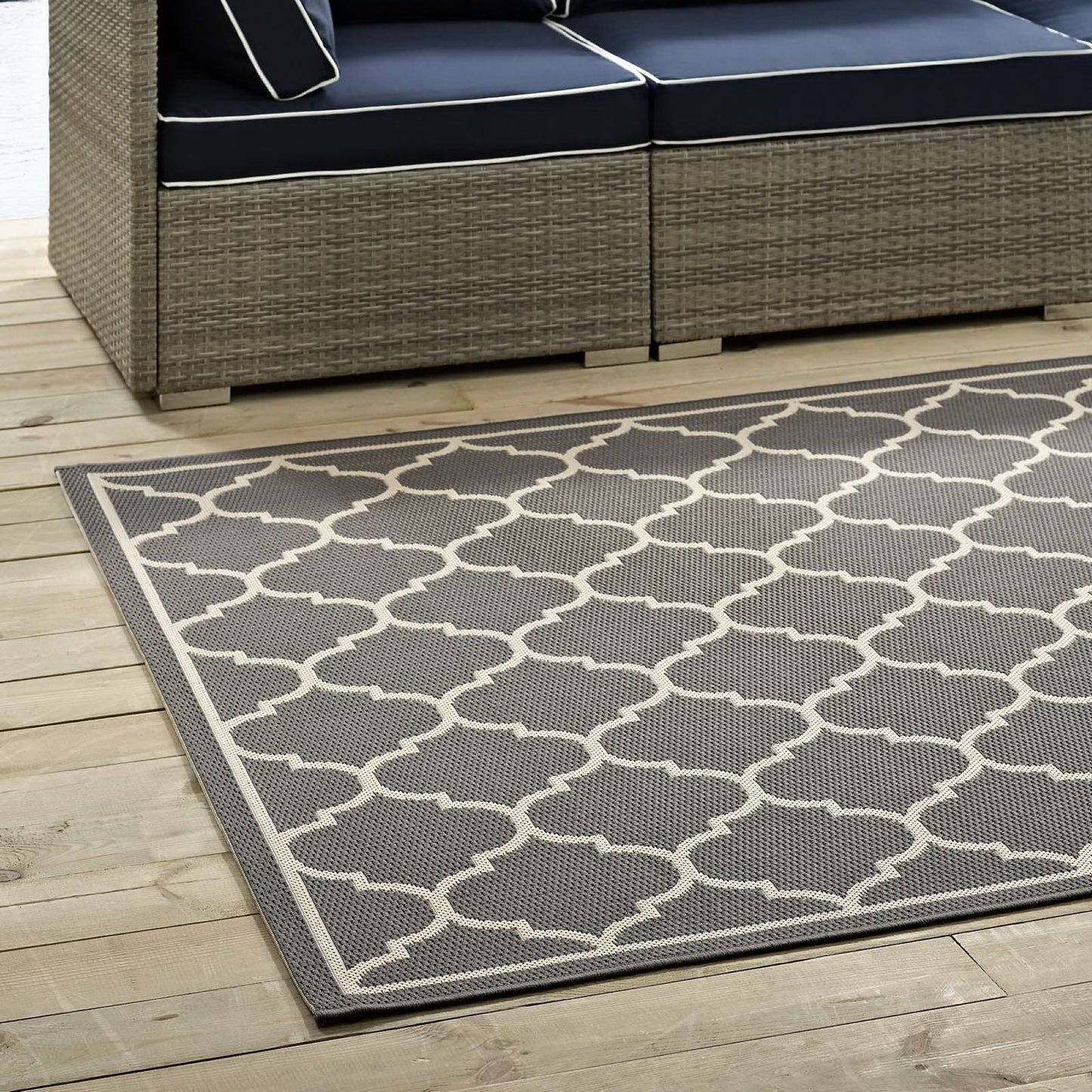 Modway Outlet Avena Moroccan Quatrefoil Trellis Indoor and Outdoor 8x10 Area Rug by Modway Living Room Rugs Gray and Beige - R-1137B-810