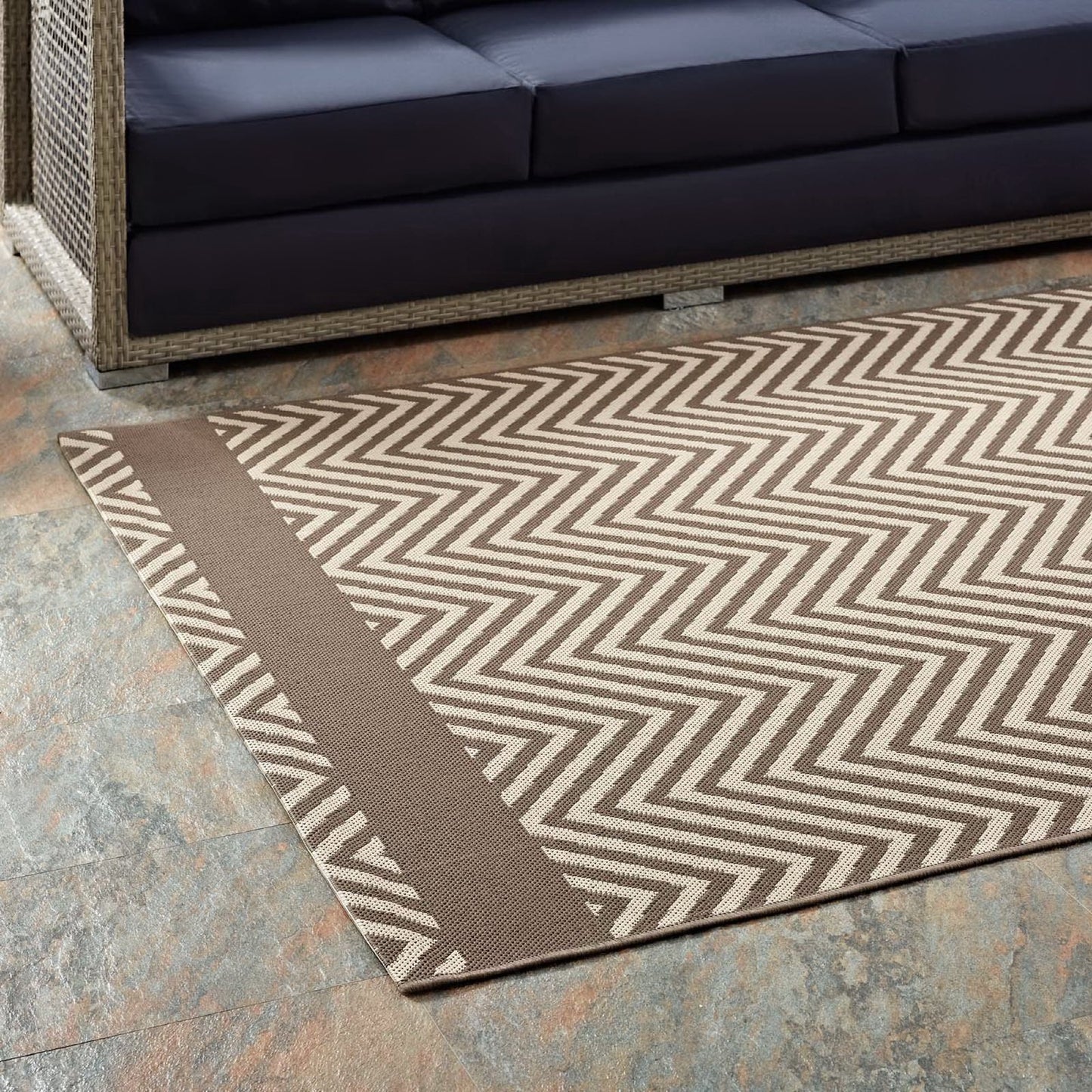Modway Outlet Optica Chevron With End Borders Indoor and Outdoor 5x8 Area Rug by Modway Living Room Rugs Light and Dark Beige - R-1141A-58