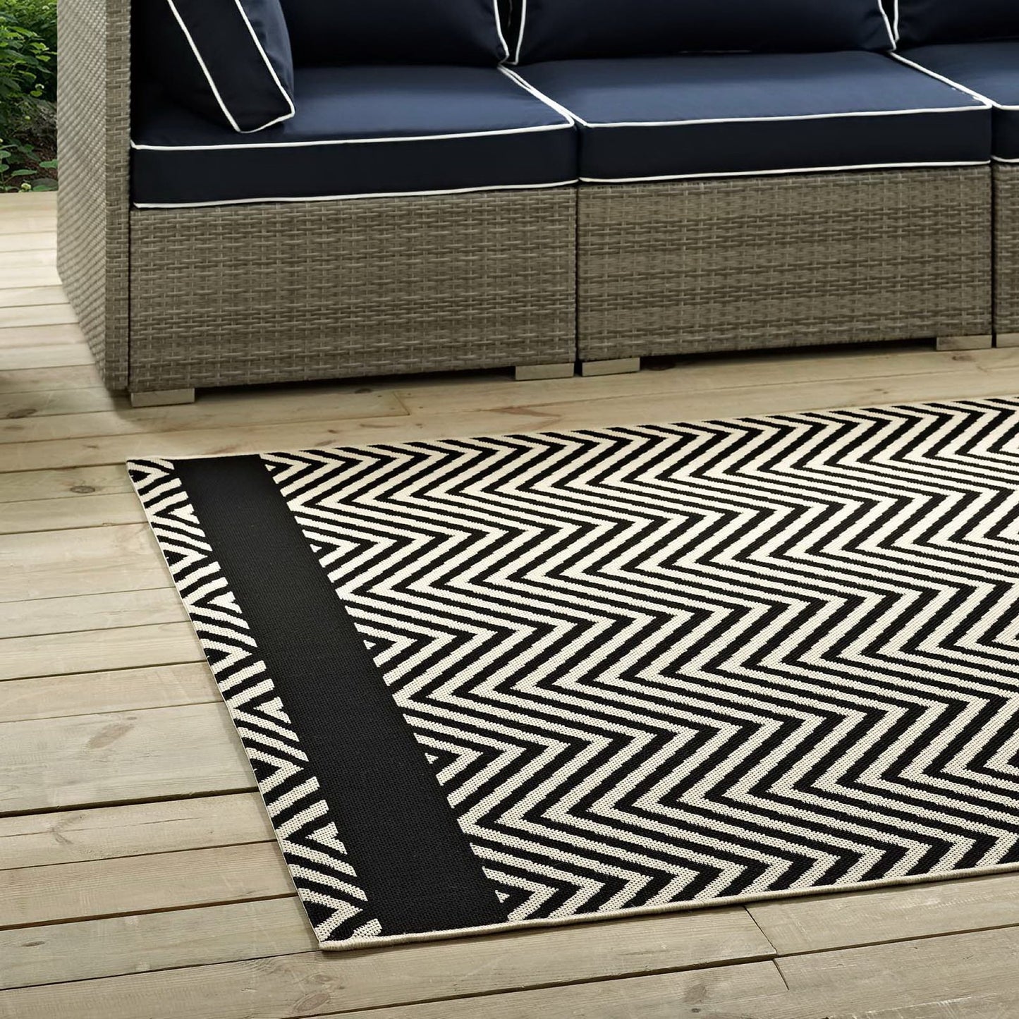 Modway Outlet Optica Chevron With End Borders Indoor and Outdoor 5x8 Area Rug by Modway Living Room Rugs Black and Beige - R-1141C-58