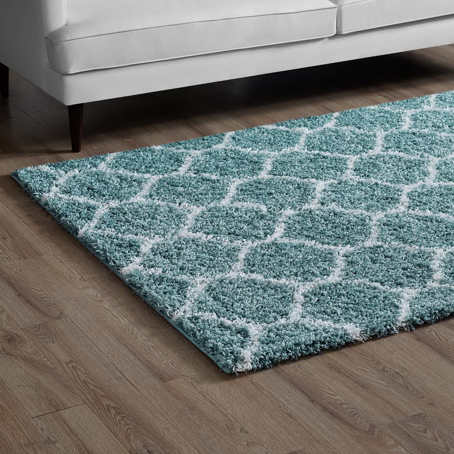 Modway Outlet Solvea Moroccan Trellis 5x8 Shag Area Rug by Modway Living Room Rugs Aqua Blue and Ivory - R-1143E-58