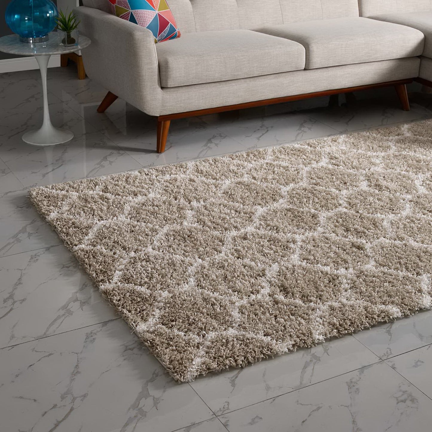 Modway Outlet Solvea Moroccan Trellis 5x8 Shag Area Rug by Modway Living Room Rugs Beige and Ivory - R-1143F-58
