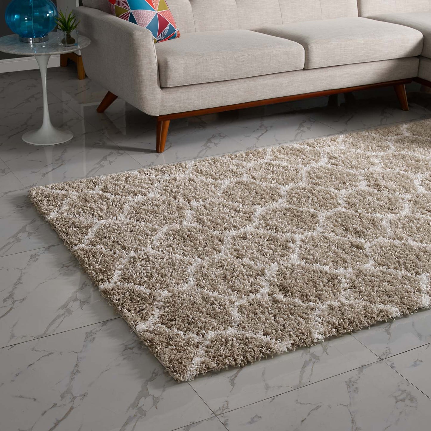 Modway Outlet Solvea Moroccan Trellis 8x10 Shag Area Rug by Modway Living Room Rugs Beige and Ivory - R-1143F-810