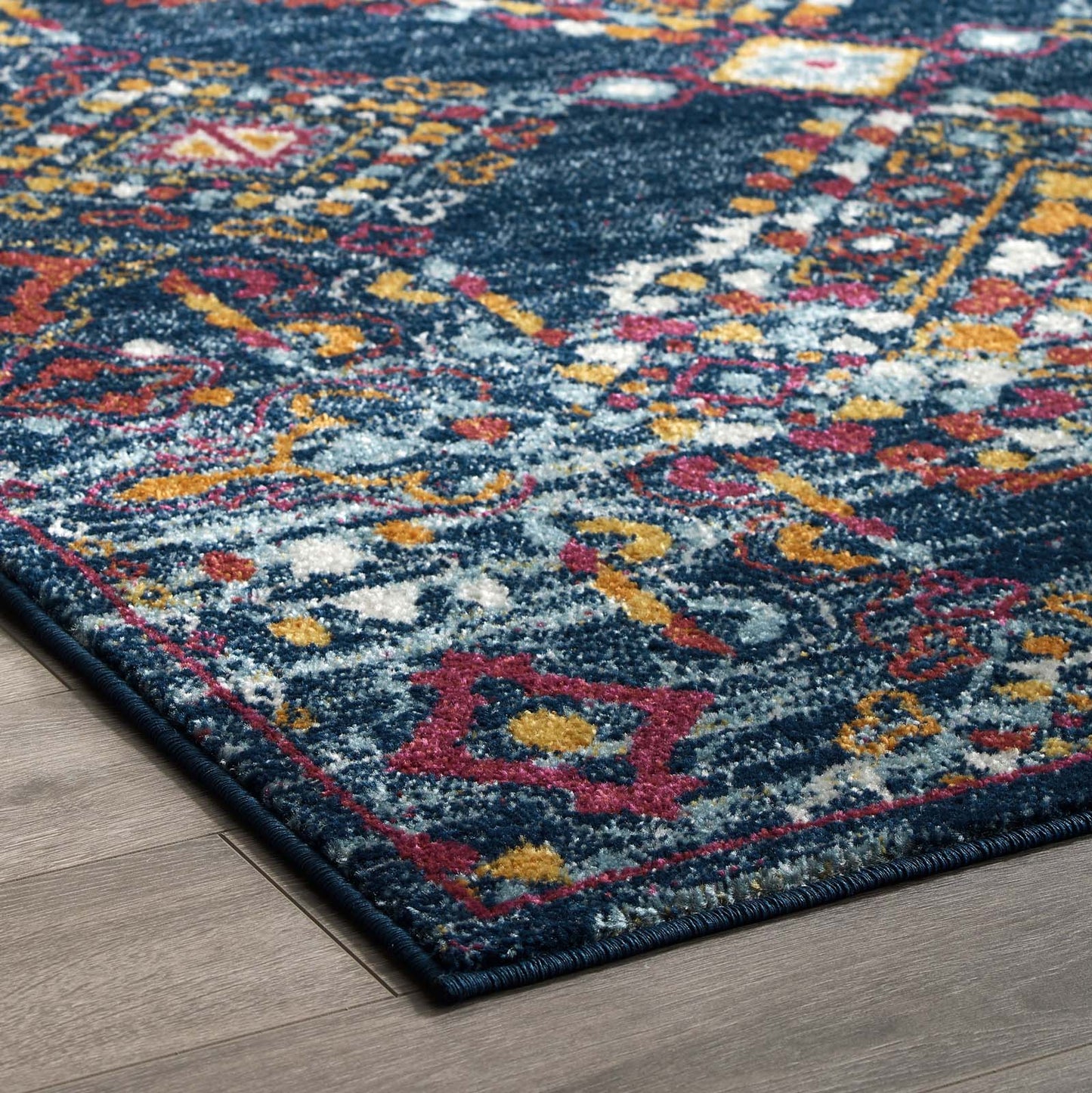 Modway Outlet Entourage Khalida Distressed Vintage Floral Lattice 5x8 Area Rug by Modway Living Room Rugs Blue Orange Yellow Red - R-1169B-58