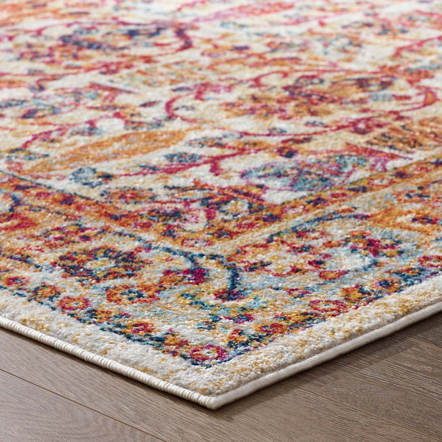 Modway Outlet Entourage Jessa Distressed Vintage Floral Lattice 8x10 Area Rug by Modway Living Room Rugs Ivory Blue Orange Yellow Red - R-1170A-810
