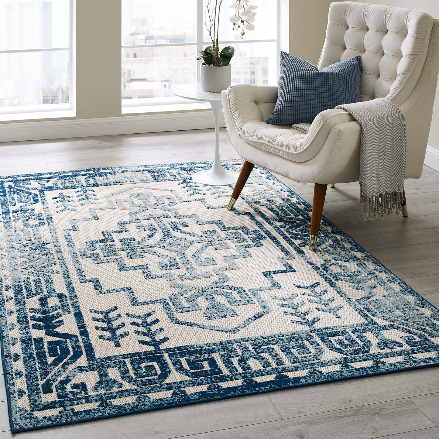 Modway Outlet Reflect Nyssa Distressed Geometric Southwestern Aztec 5x8 Indoor/Outdoor Area Rug by Modway Living Room Rugs Ivory and Blue - R-1181B-58