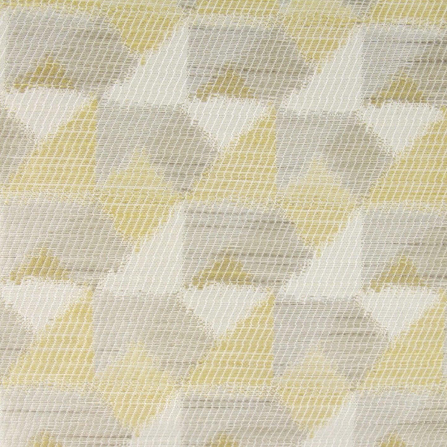 Geometric triangle-patterned woven fabric in pale yellow, gray and cream; ideal for upholstery or cushions.
