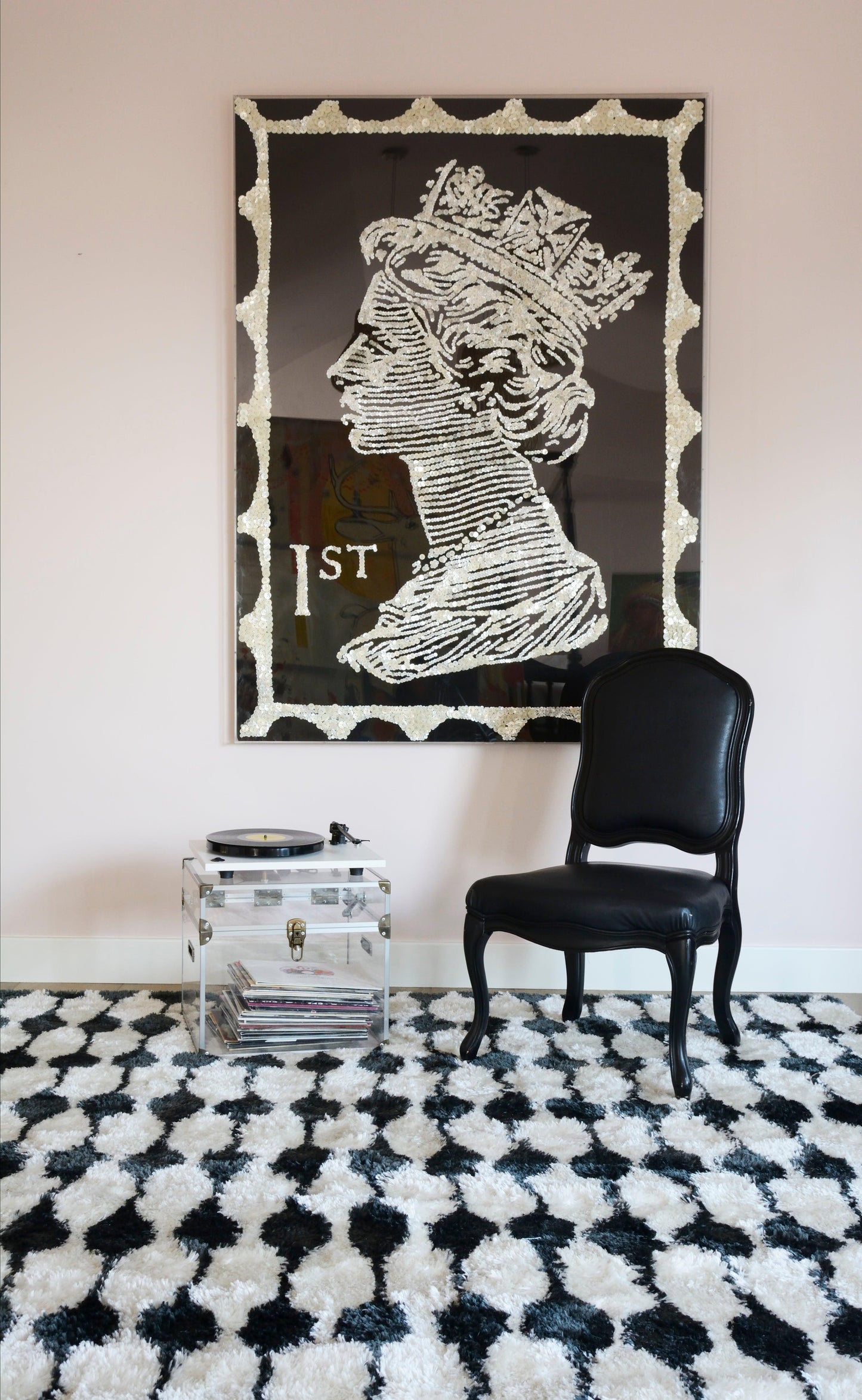 Retro black-and-white rug, 5' x 8'.