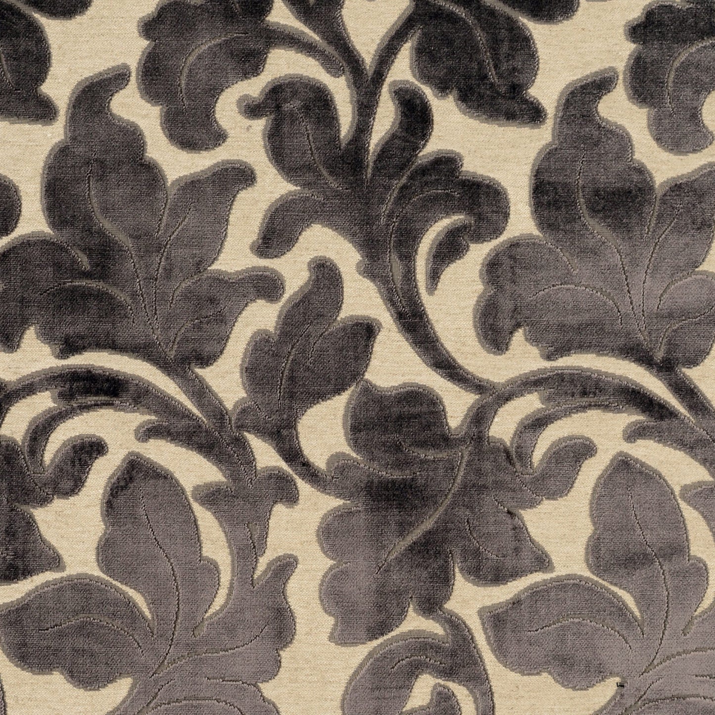 Beige upholstery fabric featuring a dark charcoal damask floral pattern in a scrolling jacquard weave.
