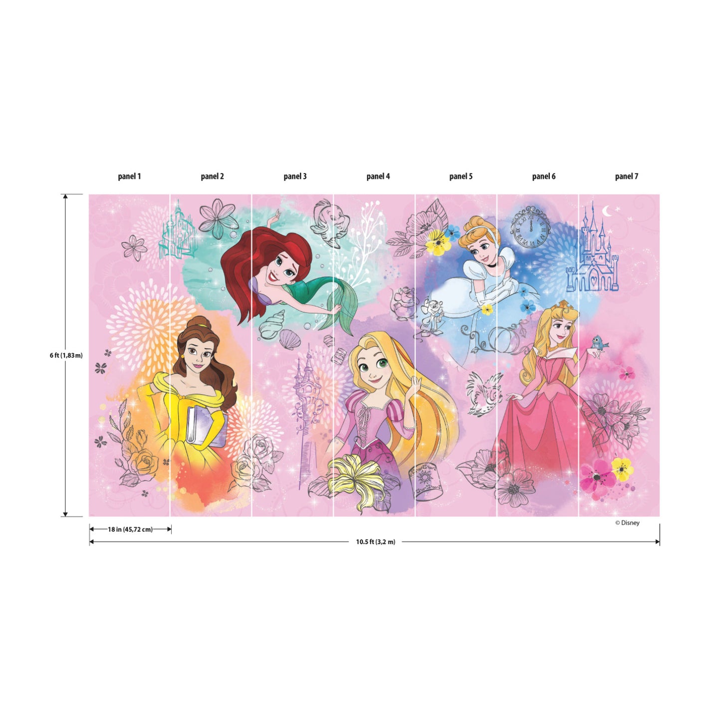 York Wallcoverings RoomMates Disney Princess Peel and Stick Wall Mural Kids Children and Nursery Multicolor Wallpaper - RMK11414M