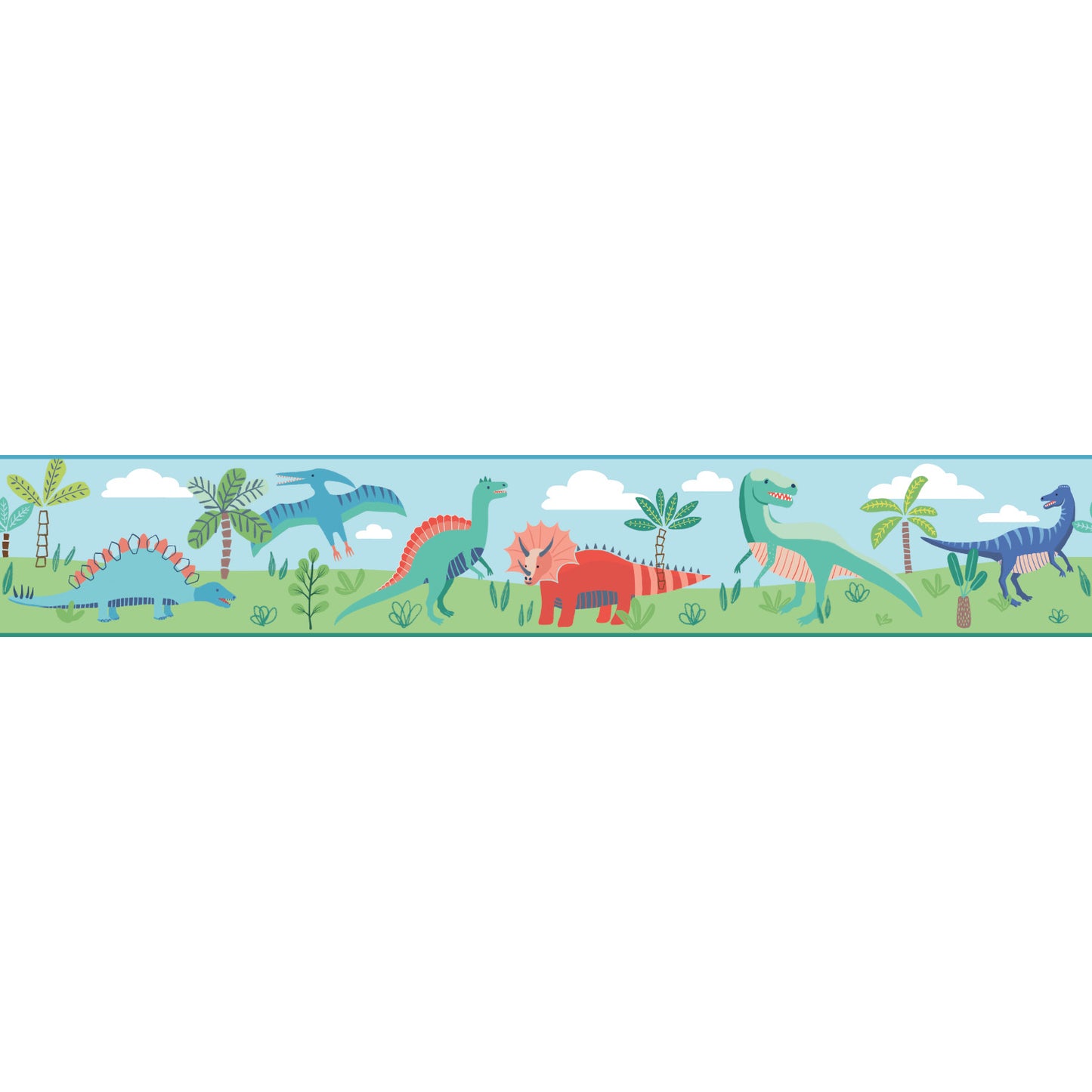 York Wallcoverings RoomMates Dinosaur Parade Peel and Stick Border Kids Global Blues Wallpaper - RMK11499BD