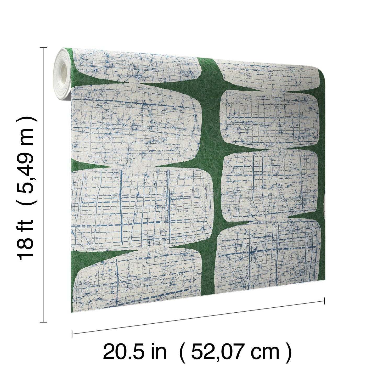 Green peel-and-stick wallpaper roll with a mid-century beads pattern in abstract greens.