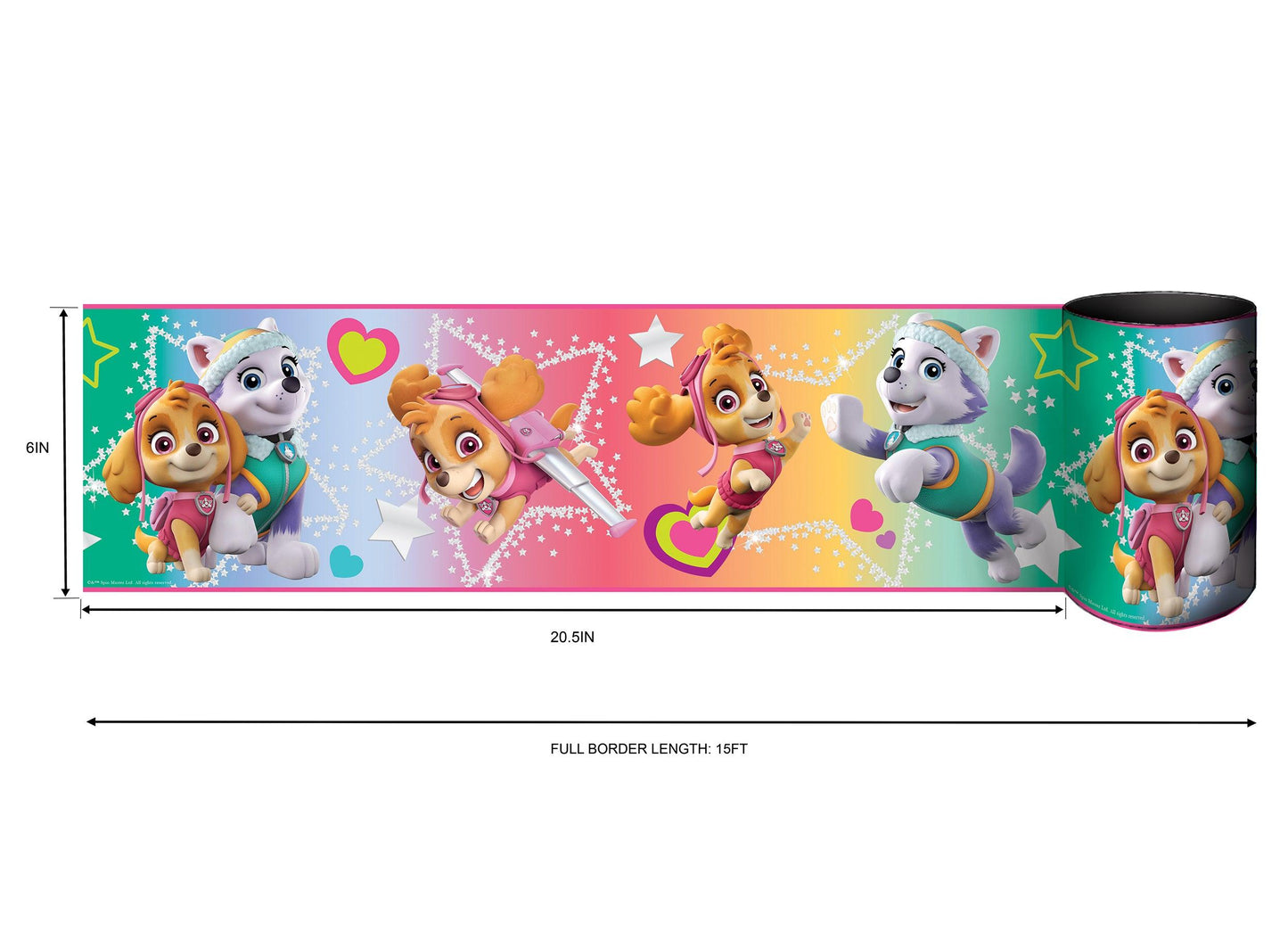 Colorful Paw Patrol border roll with gradient teal to pink, stars & hearts, cartoon pups in action; 6 in high, 20.5 in long.