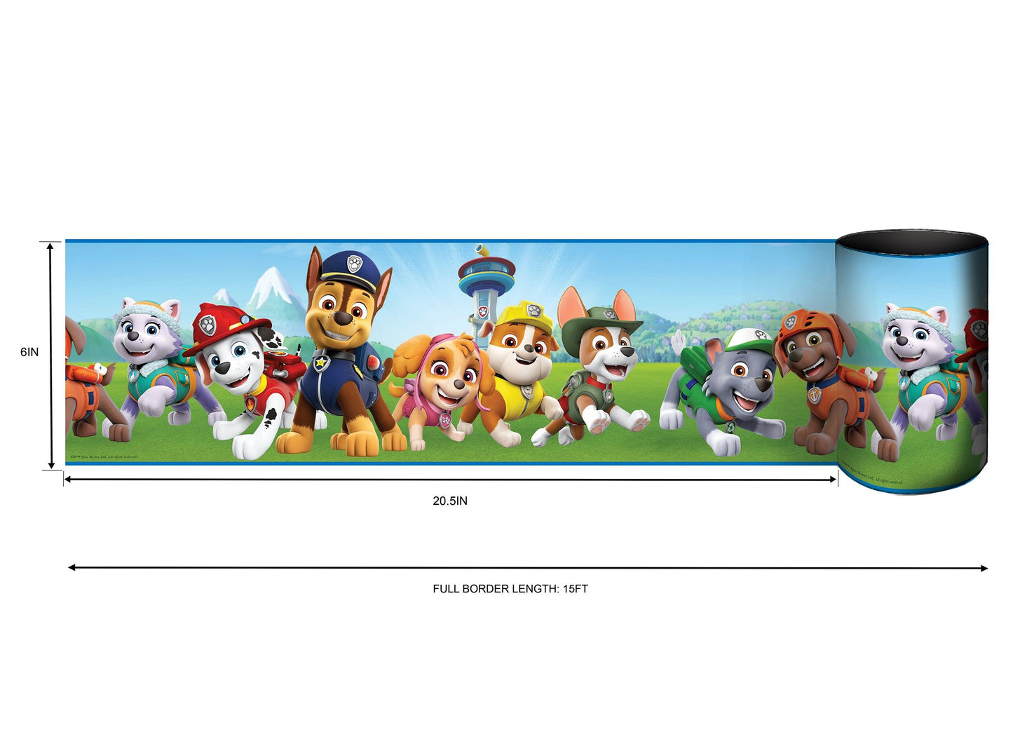 Paw Patrol wall border with colorful puppies on a grassy field, 6in tall, up to 15ft long.