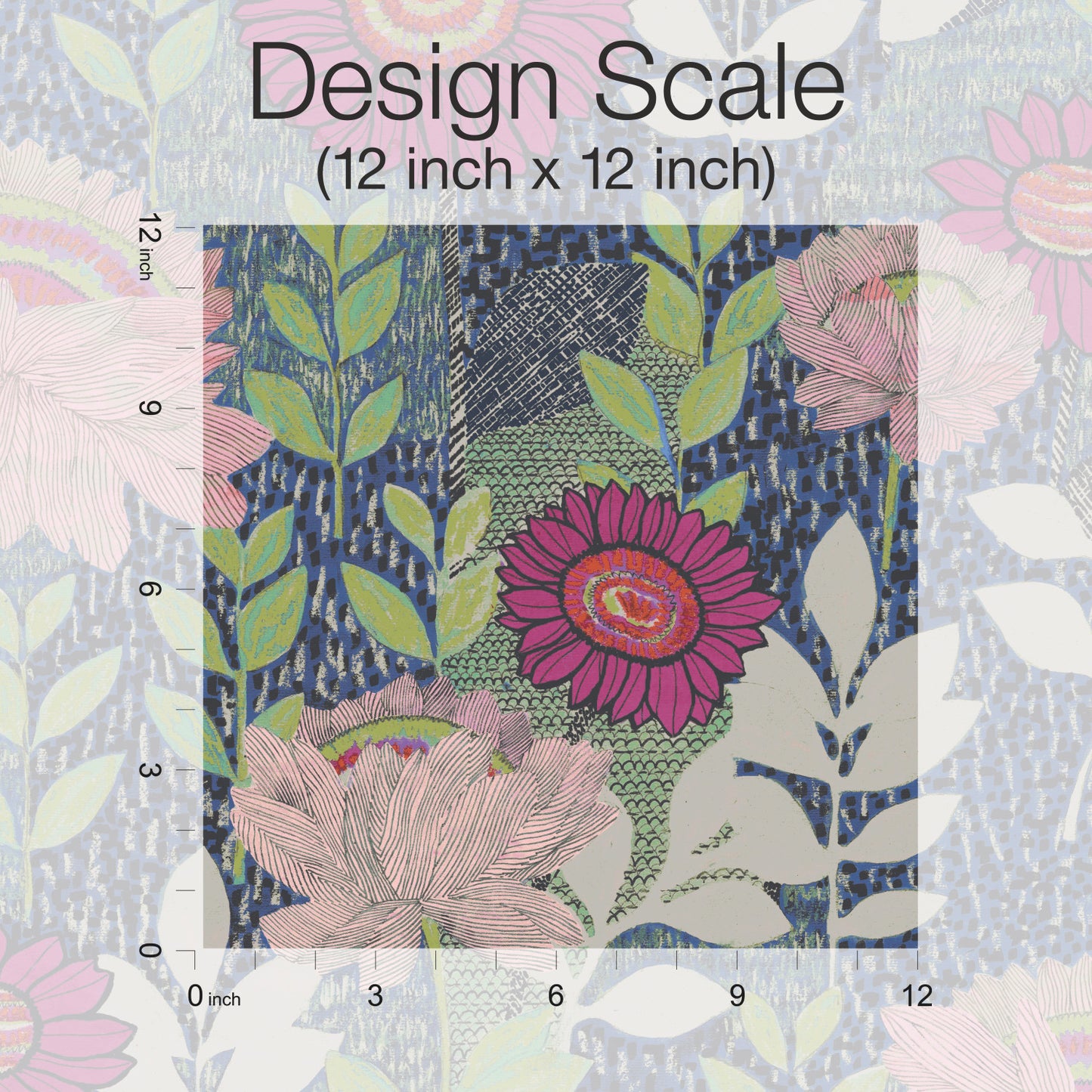 Floral wallpaper design on a 12x12 inch square; blue background with pink and red flowers, green leaves, white shapes, ruler margins.