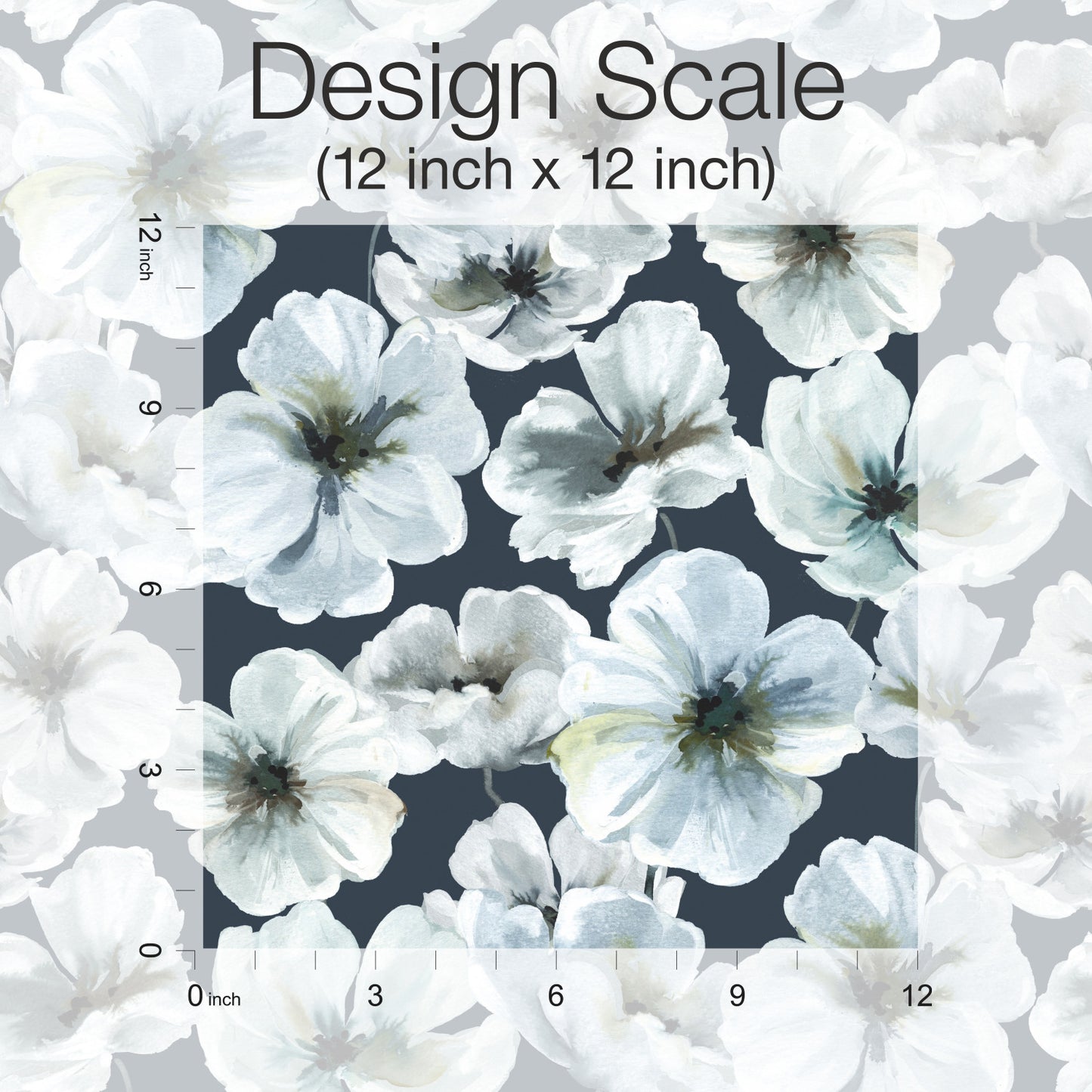 Floral print of white & pale blue blossoms on dark navy wallpaper; 12x12 inch design scale overlay with rulers.