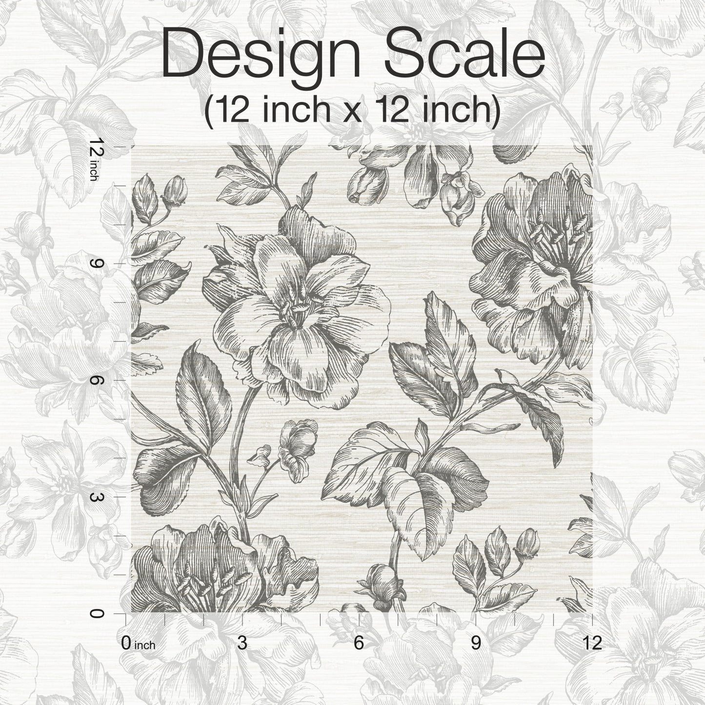 Gray floral wallpaper detail showing a 12x12 inch grid with left and bottom rulers.