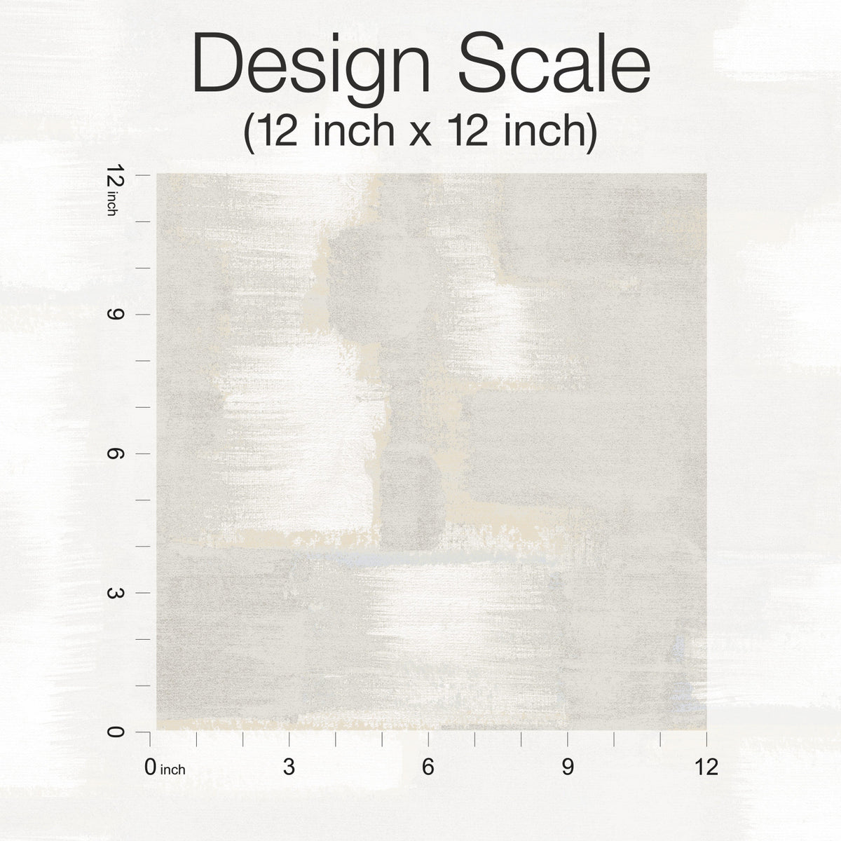 Gray abstract brushstrokes on a 12x12 inch wallpaper swatch with inch rulers along the edges.