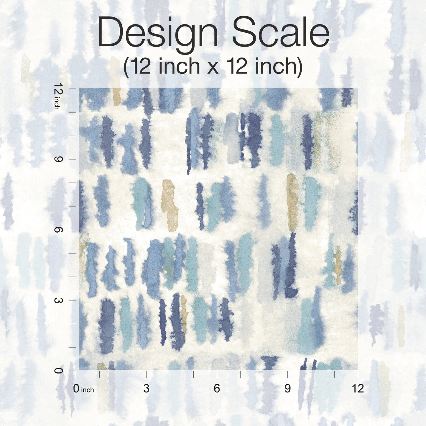 12x12 wallpaper swatch showing watercolor blue-teal brush strokes on a square grid with inch rulers along the left and bottom.