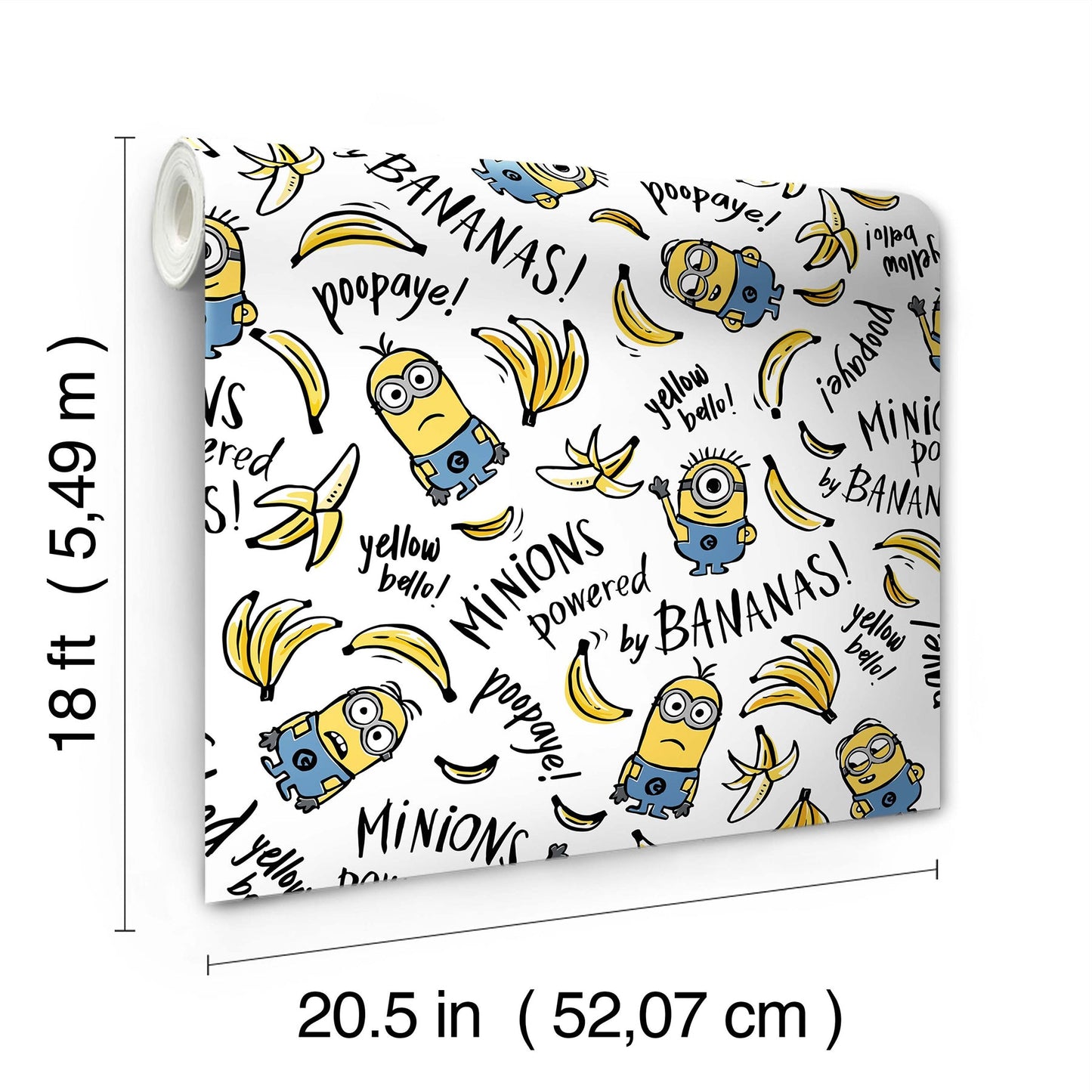 Wallpaper featuring Minions banana pattern with bananas, cartoon blue overalls, and text on a white background.