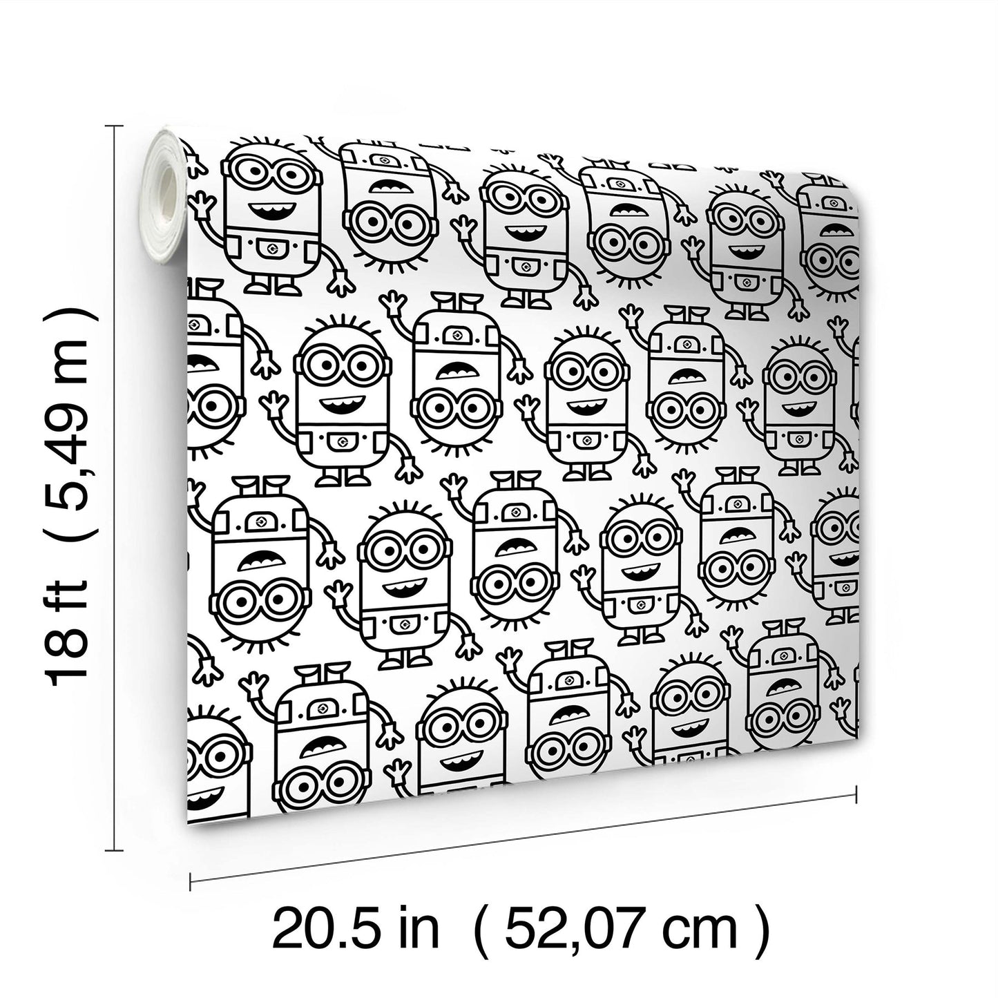 Wallpaper roll with black Minions line art on white background; 20.5 in wide by 18 ft long, ideal kid's room decor.