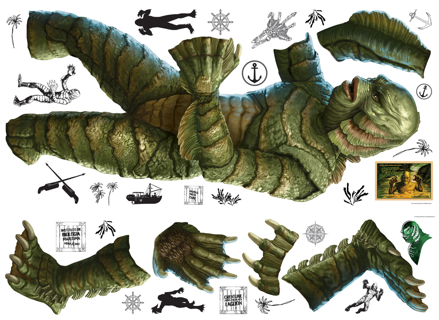 York Wallcoverings RoomMates Classic Monsters Creature From The Black Lagoon Giant Wall Decals Whimsical Licensed Greens Wallpaper - RMK5216GM