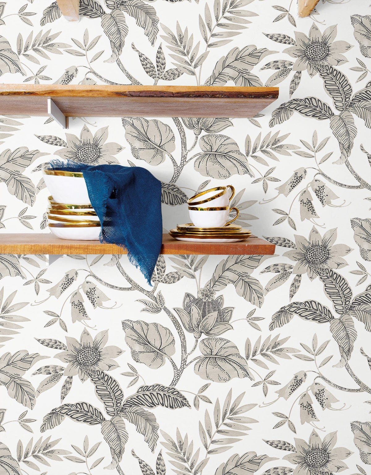 Beige matte wallpaper with rainforest leaves botanical boho pattern.