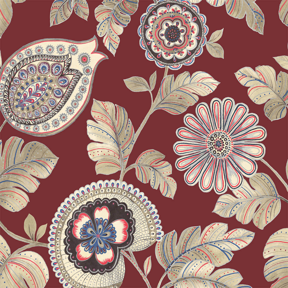 Seabrook Designs Boho Rhapsody Calypso Paisley Leaf Fabric Botanical Bohemian Red Matte Fabric - RY31901F