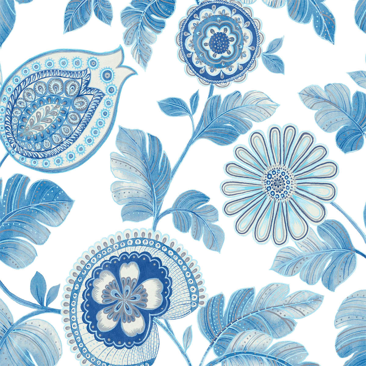 Seabrook Designs Boho Rhapsody Calypso Paisley Leaf Fabric Botanical Bohemian Blue Matte Fabric - RY31902F