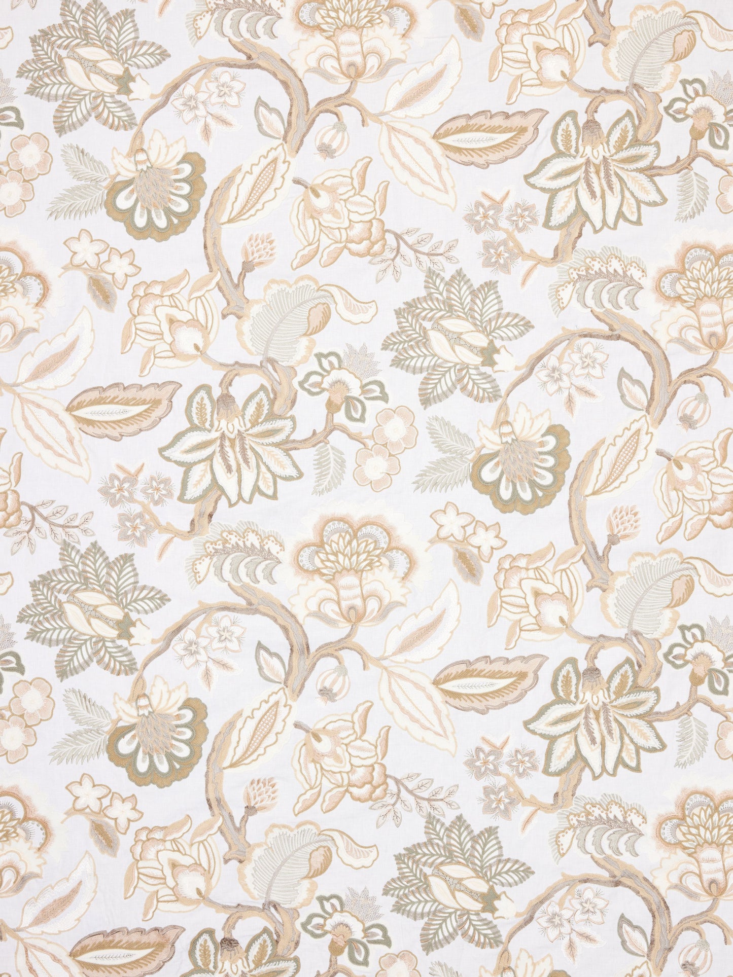 Ivory crewel fabric with a floral damask pattern of scrolling branches and blossoms in beige, sage green and pale brown.