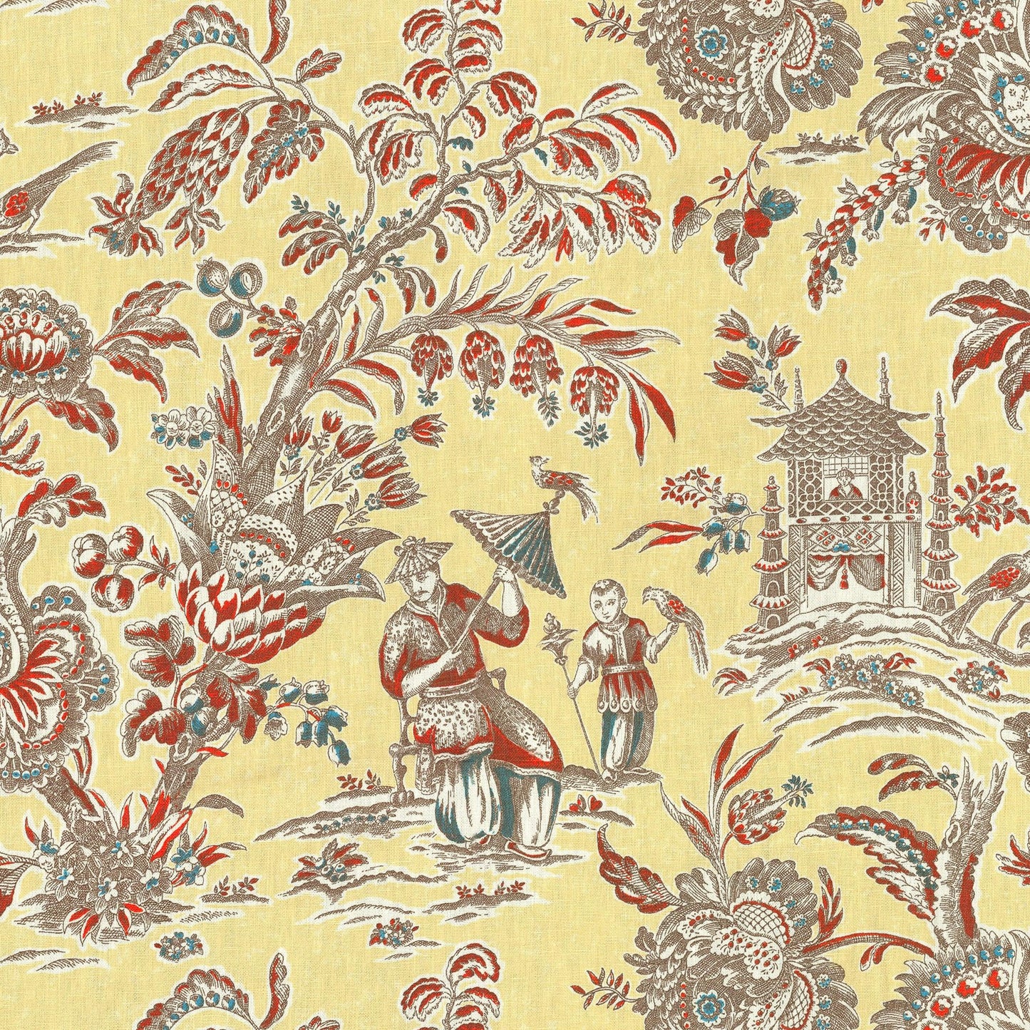 Yellow textile with red-brown and teal chinoiserie scene: figures, pavilion, trees and flowers in an intricate pattern.