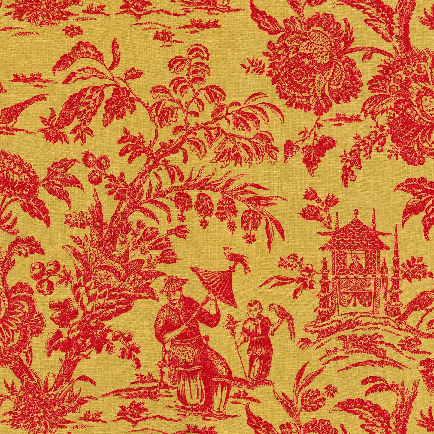 Burgundy red fabric with chinoiserie scene: people, parasol, pagoda, and trees; damask-style botanical print.