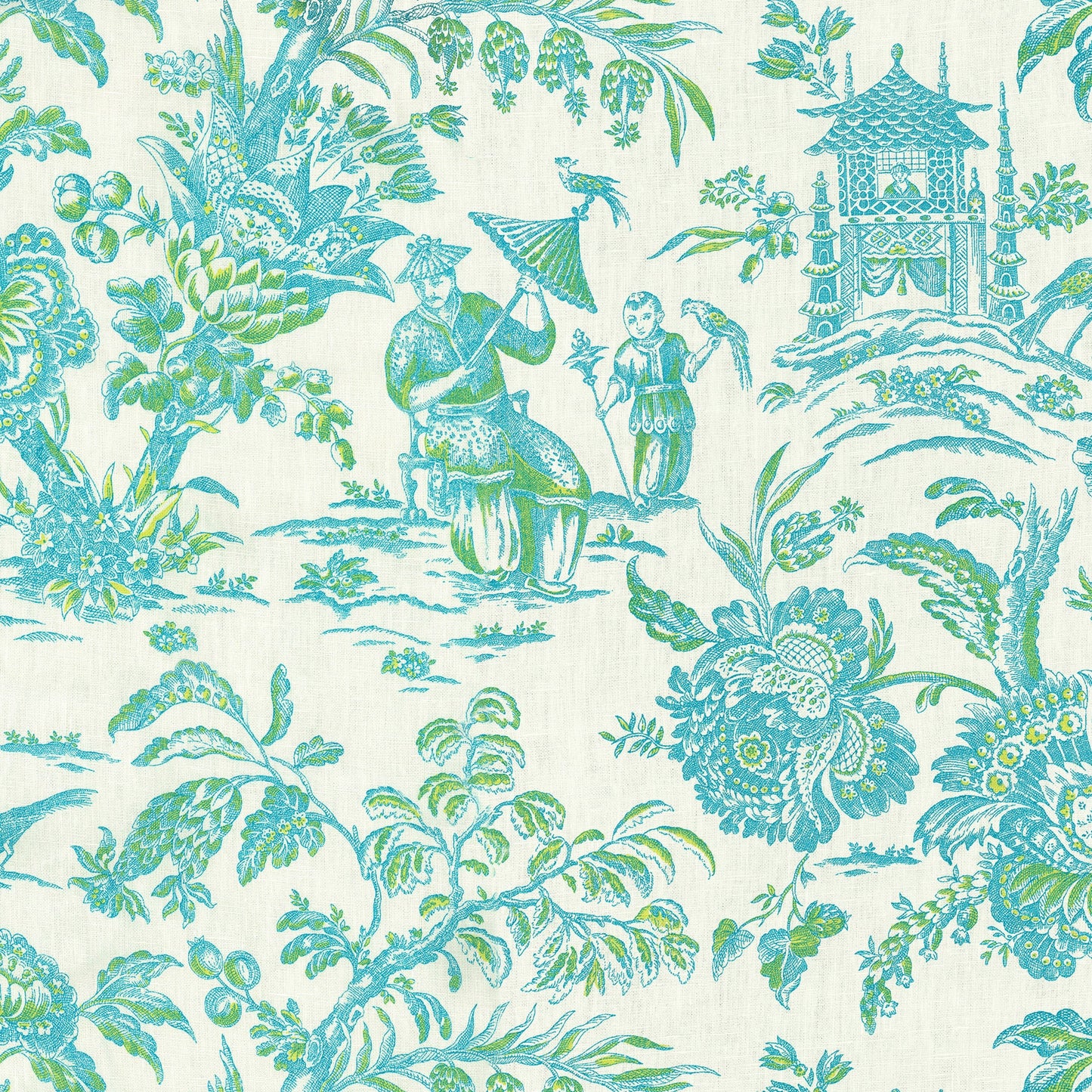 Blue and teal toile fabric featuring people, pagoda, birds, and florals on ivory backdrop.