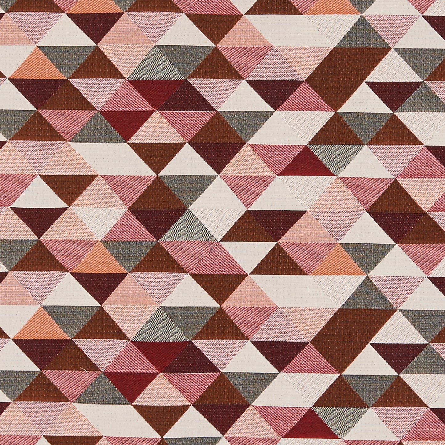 Diamond-pattern jacquard fabric in burgundy and red tones with taupe and cream accents; geometric textured weave.