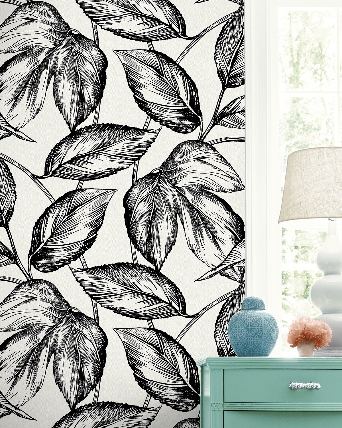 Seabrook Designs Summer House Beckett Sketched Leaves Botanical Coastal Black Matte - SC20000