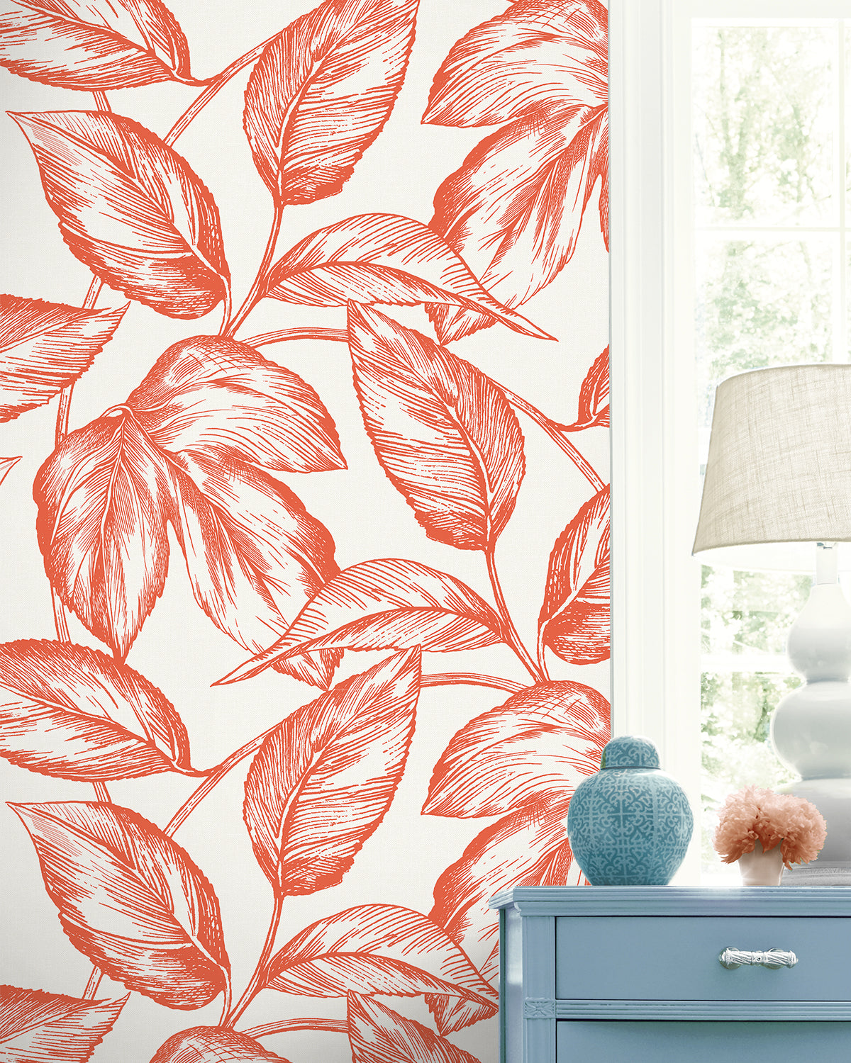 Seabrook Designs Summer House Beckett Sketched Leaves Botanical Coastal Orange Matte - SC20001