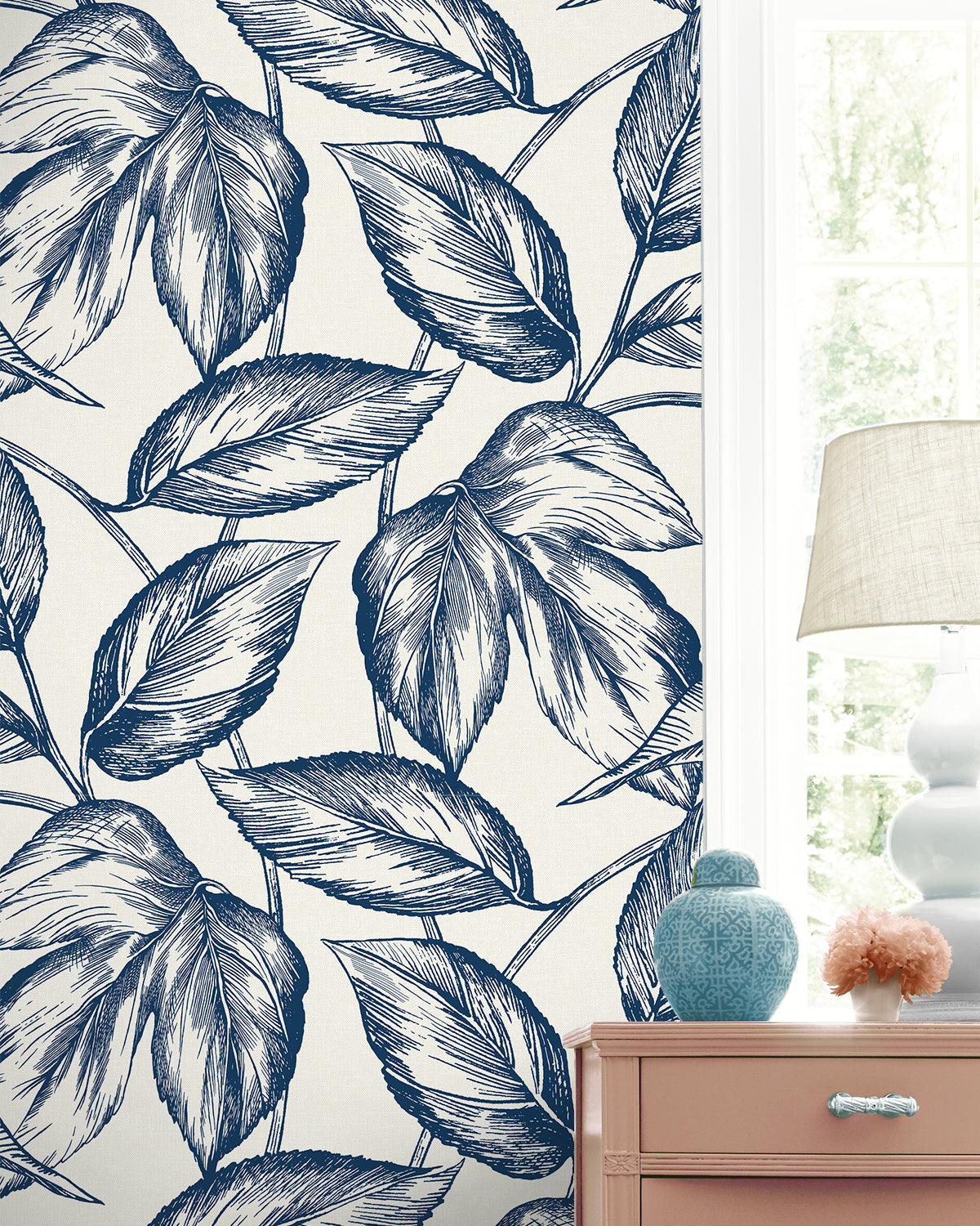 Seabrook Designs Summer House Beckett Sketched Leaves Botanical Coastal Blue Matte - SC20002