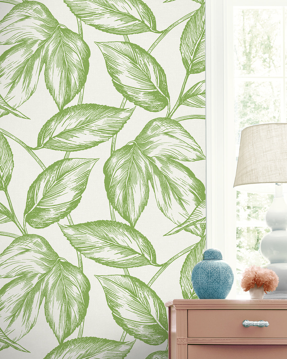 Seabrook Designs Summer House Beckett Sketched Leaves Botanical Coastal Green Matte - SC20004