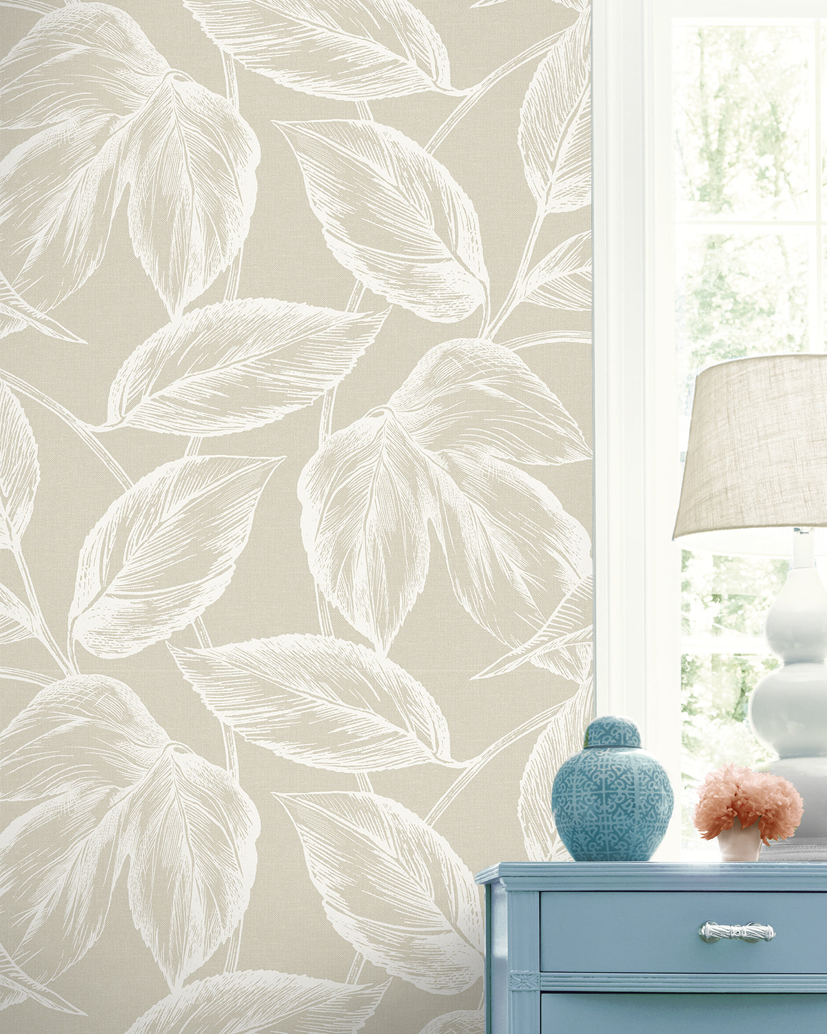 Seabrook Designs Summer House Beckett Sketched Leaves Botanical Coastal Beige Matte - SC20005