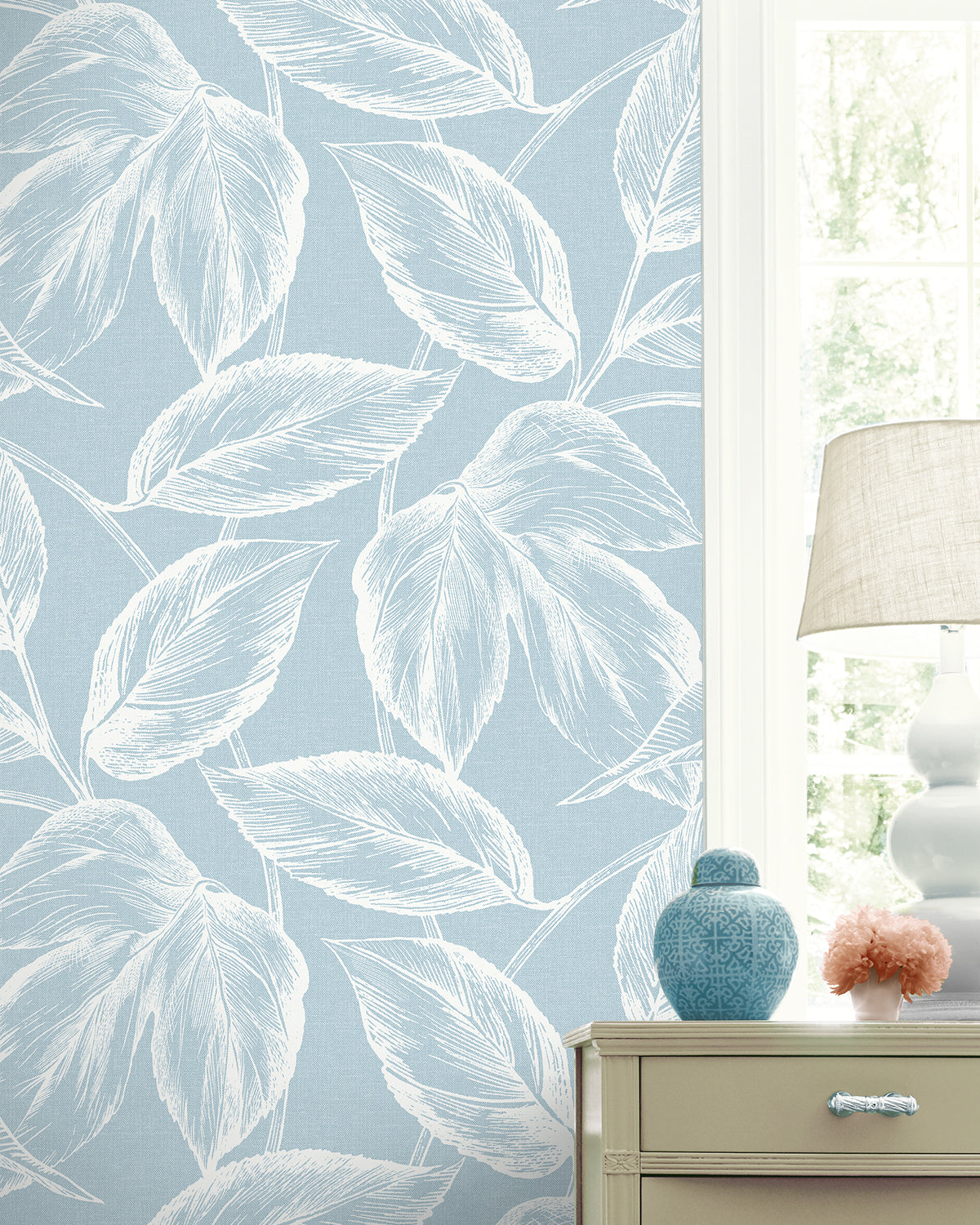 Seabrook Designs Summer House Beckett Sketched Leaves Botanical Coastal Blue Matte - SC20022