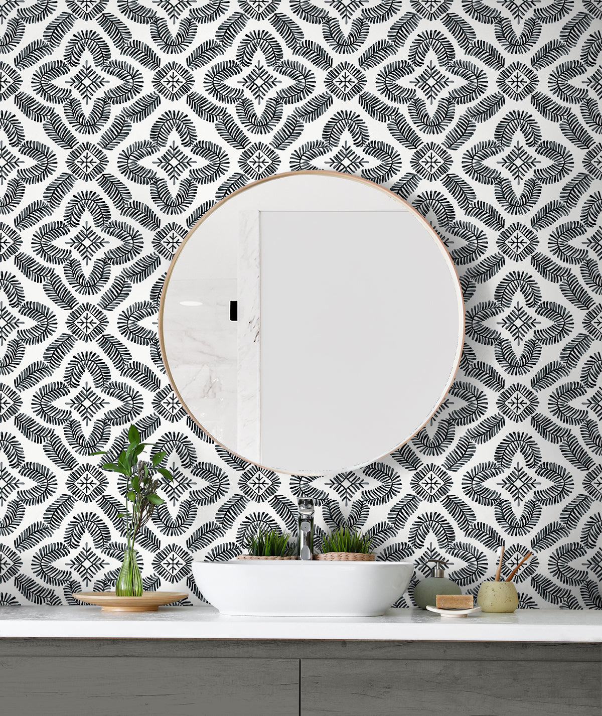 Seabrook Designs Summer House Talia Botanical Medallion Geometric Contemporary Black Matte - SC21300
